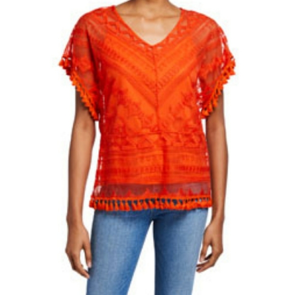 Laundry by Shelli Segal Lace Cap Sleeve Orange Top - Picture 1 of 5